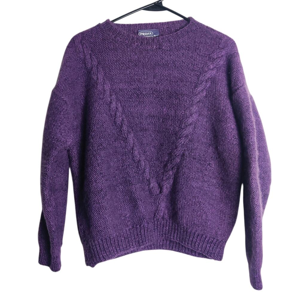 Prima Hand Knit Purple Chunky Cable Knit Fisherman Sweater Small